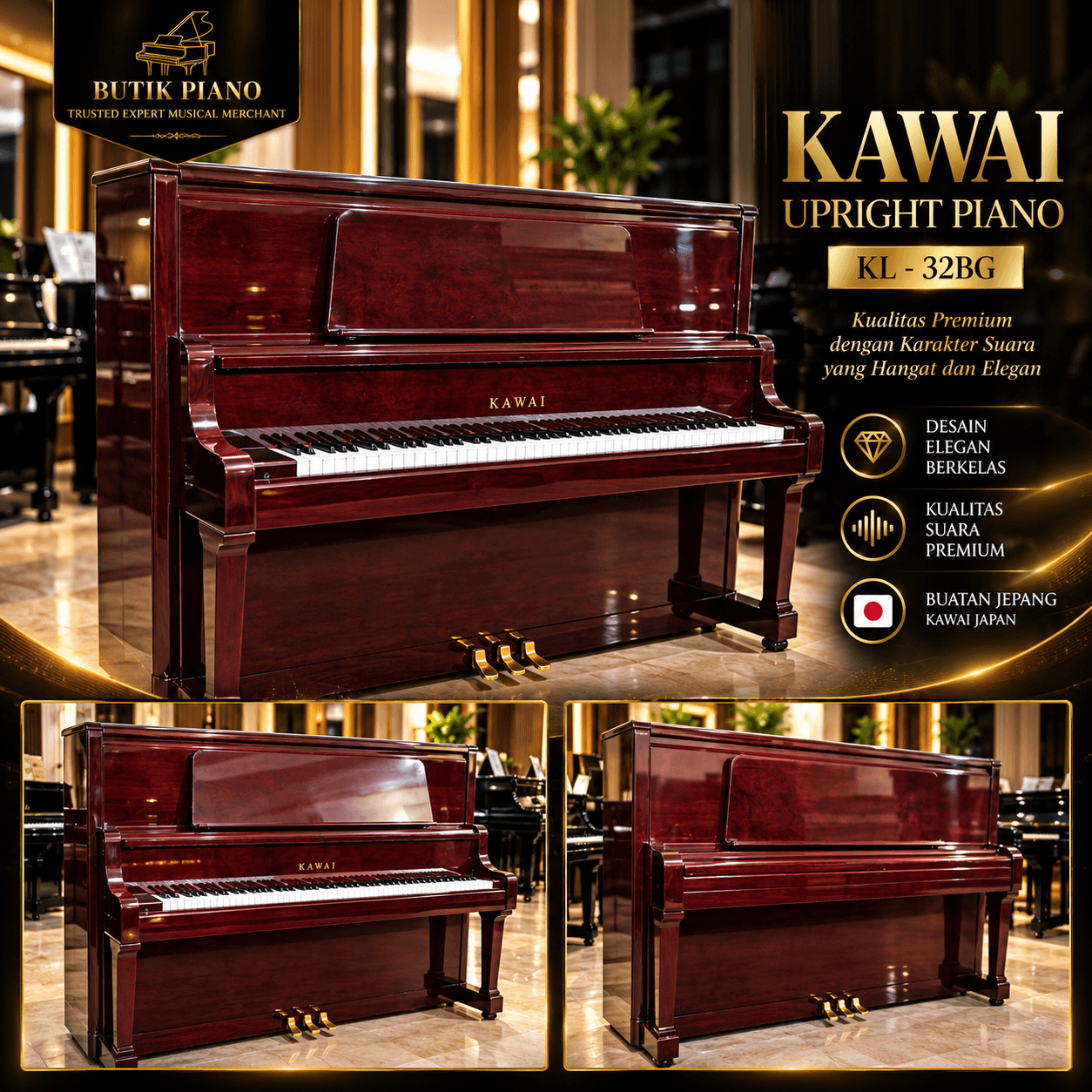 Kawai KL-32BG Semi Grand Upright Piano warna maroon, foto asli unit Butik Piano