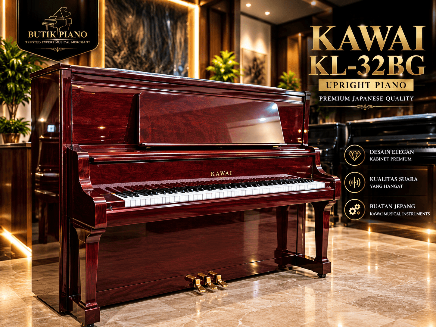 Showcase Kawai upright piano dengan tampilan luxury untuk Butik Piano