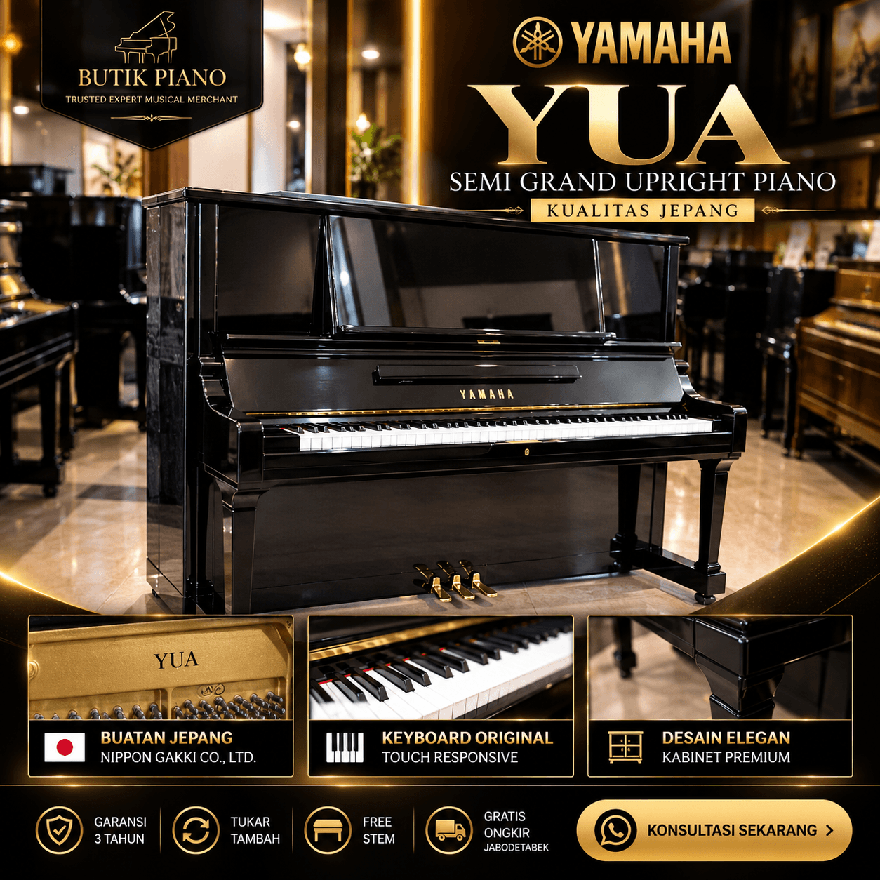 Yamaha YUA Semi Grand Upright Piano dalam luxury showroom Butik Piano